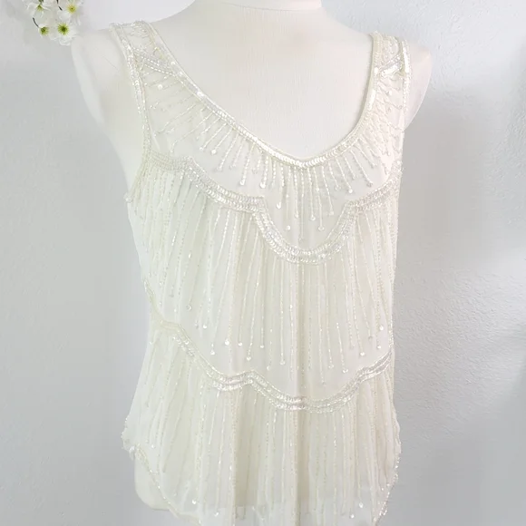 WILLOW & CLAY ANTHROPOLOGIE CREAM OFF WHITE SEQUINED BEADED SLEEVELESS TOP SZ:S - Picture 13 of 15